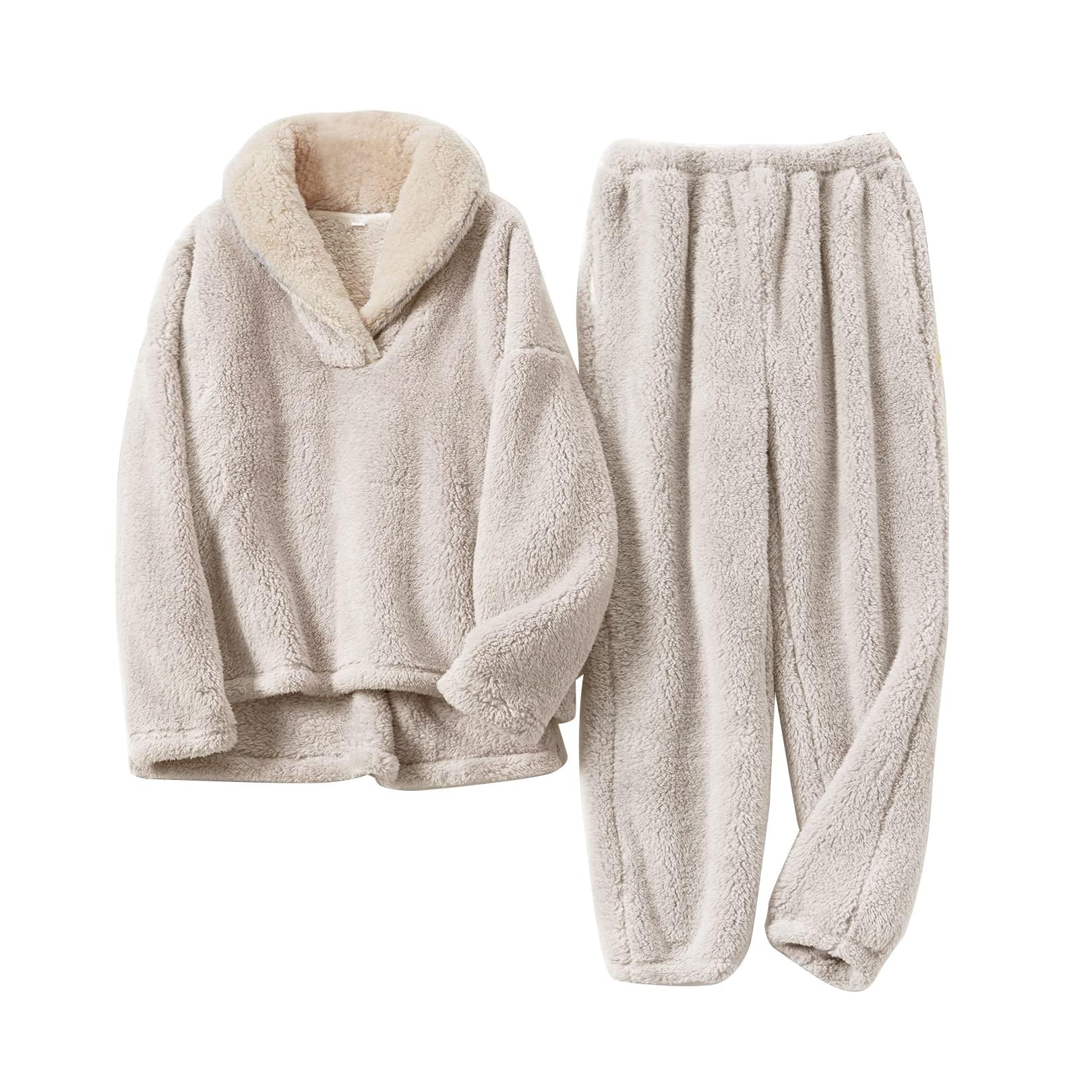 Photo 1 of **Top only**Flygo Women Fuzzy Warm Fleece Pajamas Sets Winter Flannel Sleepwear Fluffy Pajama Pullover Top Lounge Pants Set(Beige-M)