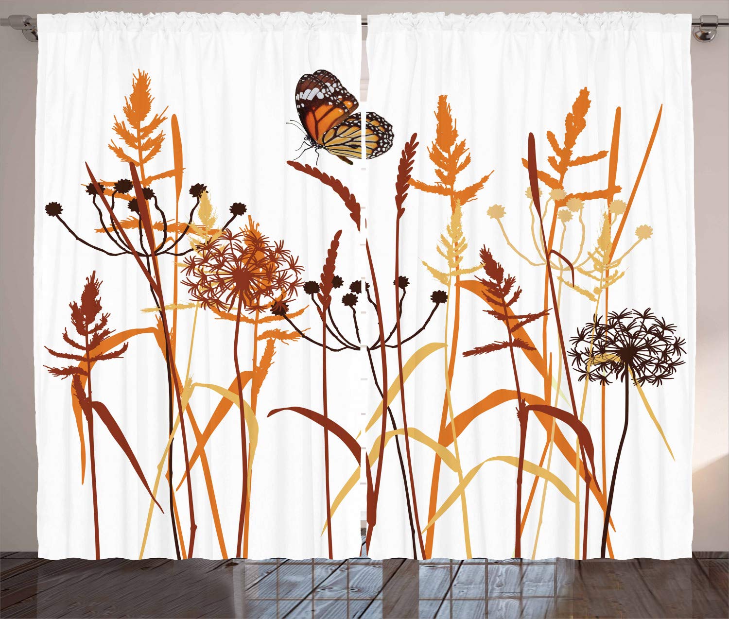 ABAKUHAUS Butterfly Curtains, Composition with Leaves and Winged Animal Spring Season Plant Blossom, Living Room Bedroom Window Drapes 2 Panel Set, 280 x 260 cm, Orange Bordeaux Red