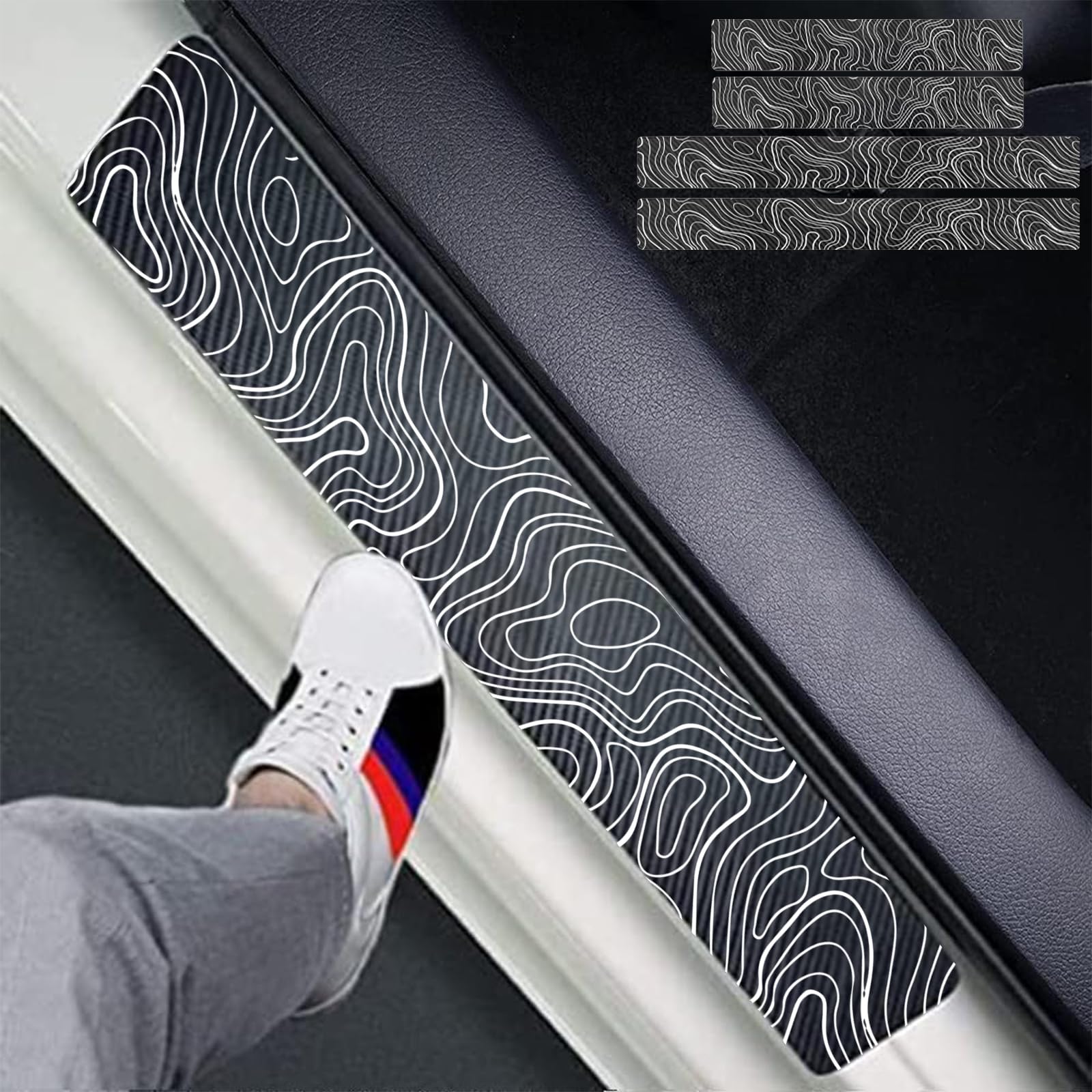 Photo 1 of 4pcs Topographic Topography Map Exploration Discover Carbon Fiber Car Door Front/Rear Sill Plate Protectors, Reflective Sticker Decorative Door Entry Guard Door Threshold Scratch Pad Film