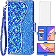 Asuwish Phone Case for Oppo A94 4G/F19 Pro/Reno 5 Lite/Reno 5F Wallet Cover with Screen Protector and Wrist Strap Flip Credit Card Holder Bling Glitter Stand Cell Reno5 F 5Lite Women Girls Blue