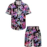 LecGee Boy's 2 Piece Outfits Hawaiian Shorts Sets Tropical Print Button Down Short Sleeve Shirt and Shorts