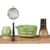 GleeNflux 7-Piece Matcha Set with Ceramic Matcha Bowl, Bamboo Whisk (Chasen) & Holder, Sifter, Tea Scoop & Rest, Special Bamboo Tea Mat - Perfect Matcha Kit for Matcha Lovers & Gift Giving, Green