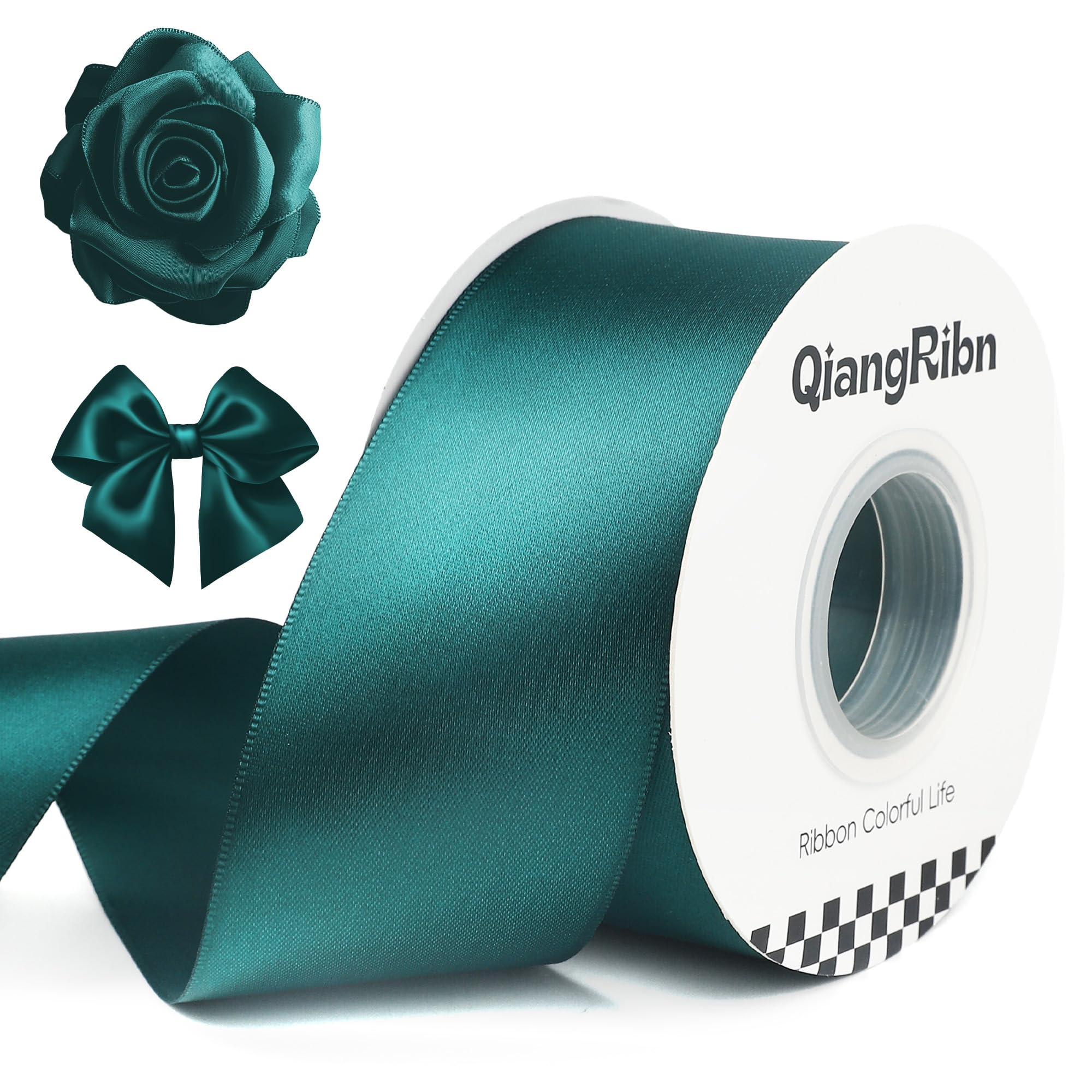 Photo 1 of 2Inch 25Yards Green Satin Ribbon Double Side Fabric Ribbon for Gift Flower Wrapping Bow Handwork Roses Ribbons for Wedding Party Festival Invitation Decorations DIY Crafts Ribbons