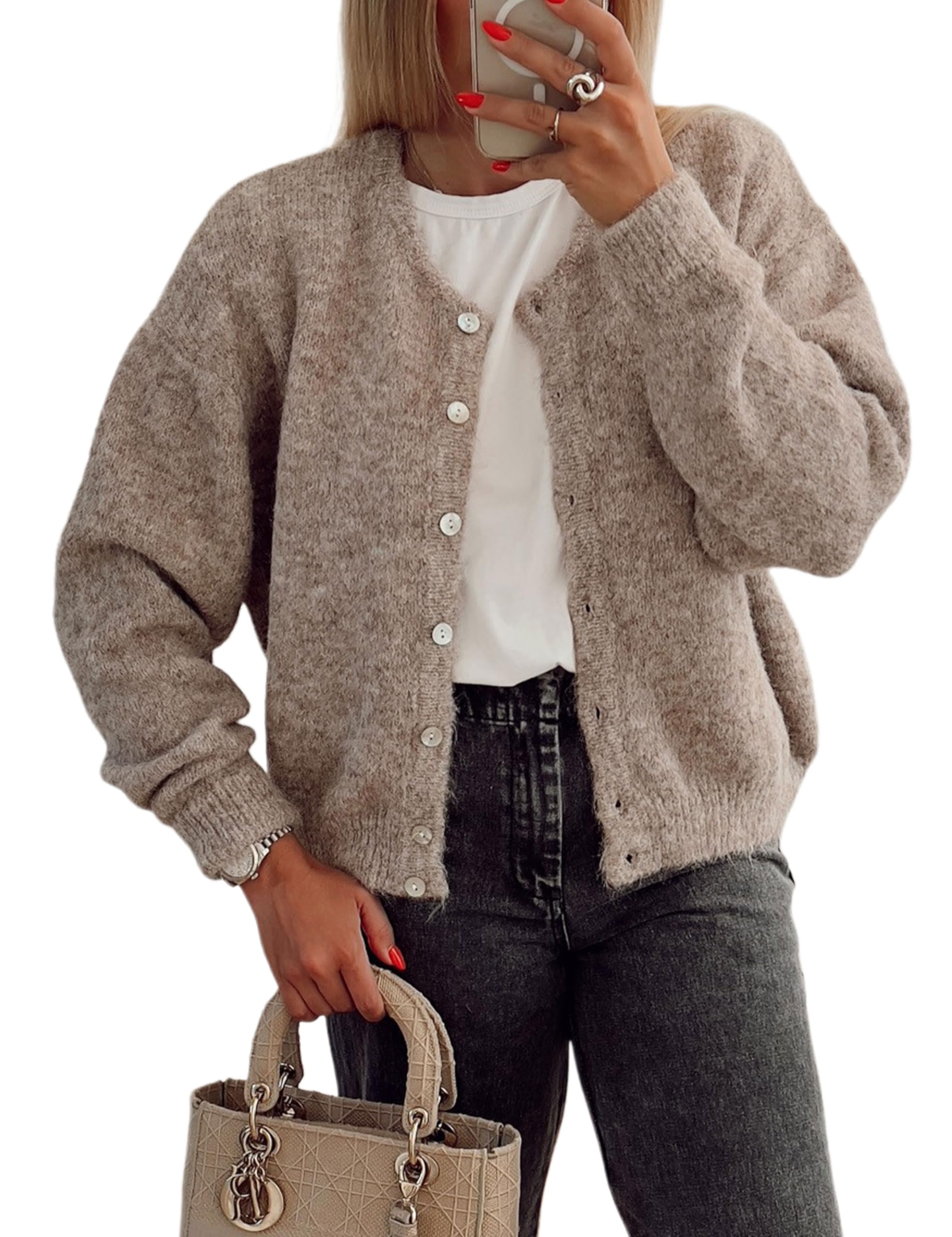 Photo 1 of Ynhonra Women's Long Sleeve Front Button Y2k Cardigan Sweaters Crew Neck Loose 2024 Fall Tops(Khaki-XL)