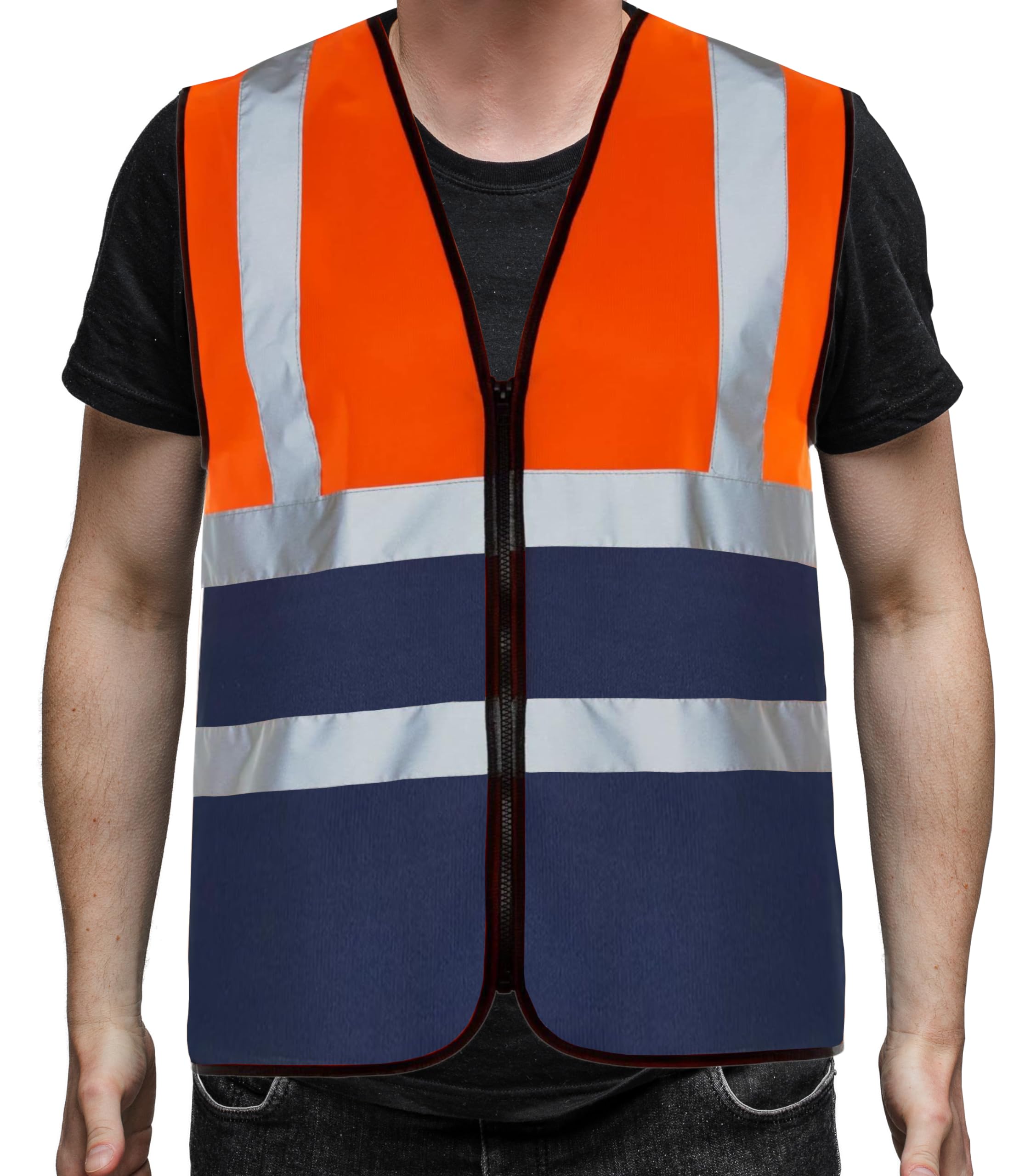 PB TECH Hi Viz Zipper Vest Front High Visibility Reflective Vest Hi Vis Executive Waistcoast Lightweight and Comfortable safety vests (UK, Alpha, XXL, Regular, Regular, Orange & Navy)