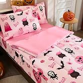 Anibedding 3Pcs Halloween Full Zipper Bedding Set Pink Pumpkin Ghost Decor | All in One Zipper Comforter Set with Pillowcase for Kids