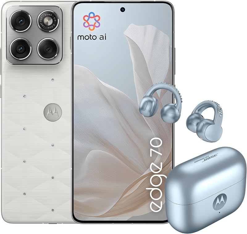 edge 70 e moto buds loop con crystals by Swarovski®(12/512GB, Doppia fotocamera 50MP+flicker cam, selfie 50MP, sottile 5.99mm, 4800mAh, Display 6.67" 120Hz, Android 16) PANTONE Cloud Dancer