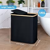 efluky 140L Laundry Basket with Lid 2 Compartments Removable Bags Black view 5