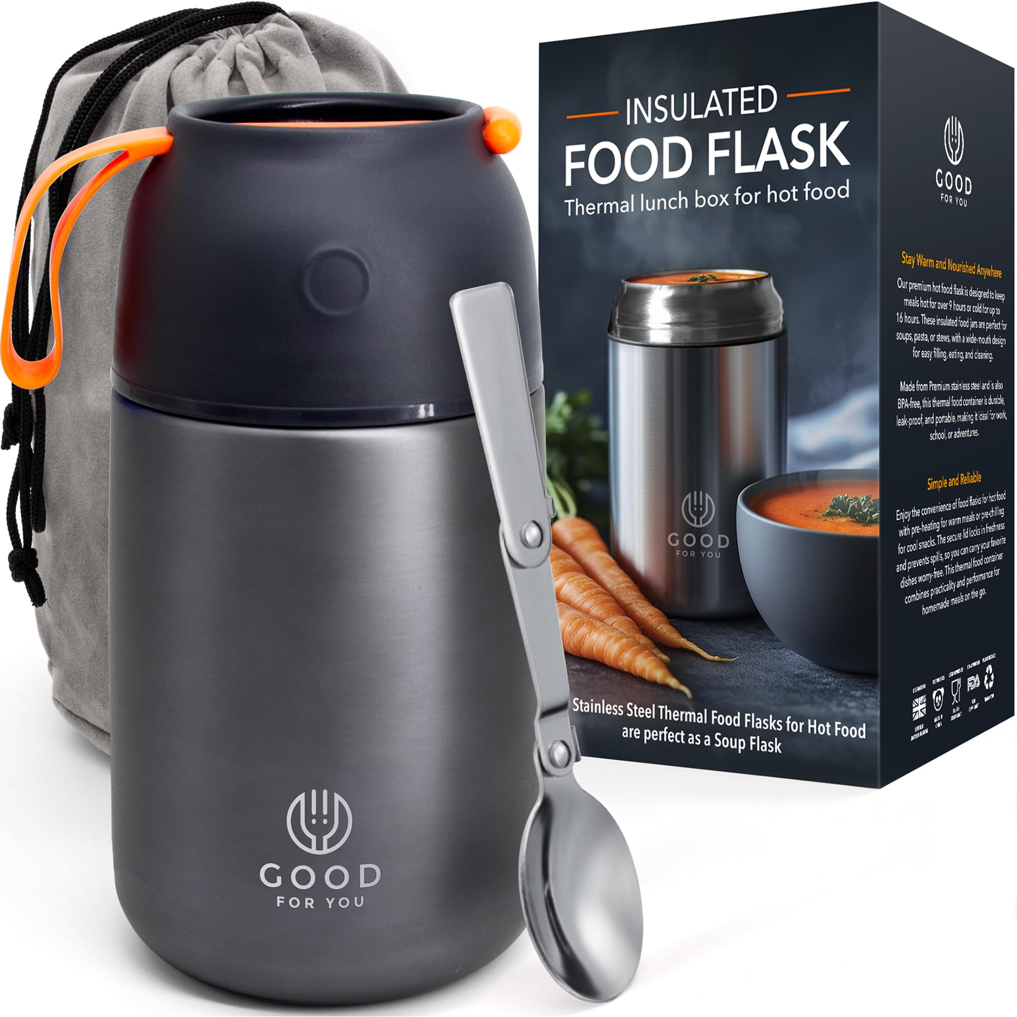 GOOD FOR YOU Food Thermos - Stainless Lunch Box for Hot or Cold Meals - Lunch Box for School, Office, Camping - Double Wall Insulated with Foldable Spoon and Bag - Grey