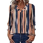 Rapbin 3/4 Length Sleeve Womens Tops Puff-Sleeve V-Neck Blouses Dressy Casual T-Shirt Loose Fit Tunics to Wear with Leggings