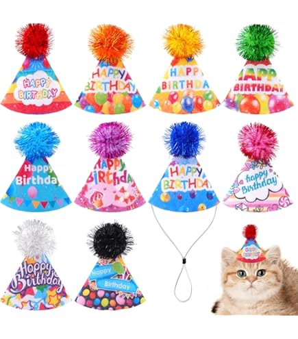 Small Party Hats For Toys Dog Birthday Hat 12 Pack Mini Party Hats For Stuffed Animals, Adjustable Cat Puppy Birthday Party Hats Pompom Felt Cone Hat Multi Color Doll Dog Rabbit Assorted