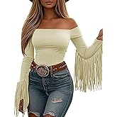 KWSTAIN Fringe Tops for Women Western Cowgirl Off The Shoulder Fall Long Sleeve with Tassels Stretchy Crop Shirts Blouses