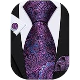 Barry.Wang Men Tie Set Paisley Silk Necktie Pocket Square Cufflinks Formal Wedding Business Party
