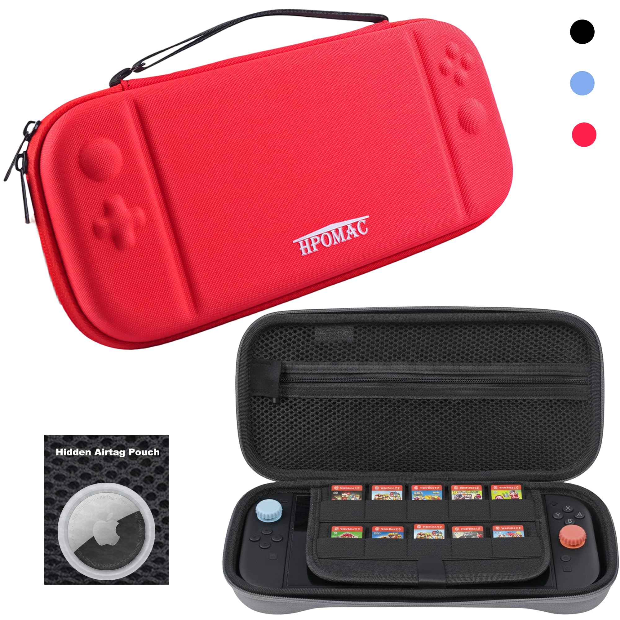 HPOMAC Slim Carrying Case for Nintendo Switch 2:Waterproof Hard Shell Cases Travel Protection with 10 Game Slots, AirTag Pouch, and Accessory Storage for On-the-Go Gaming, Semi-Hard / Red