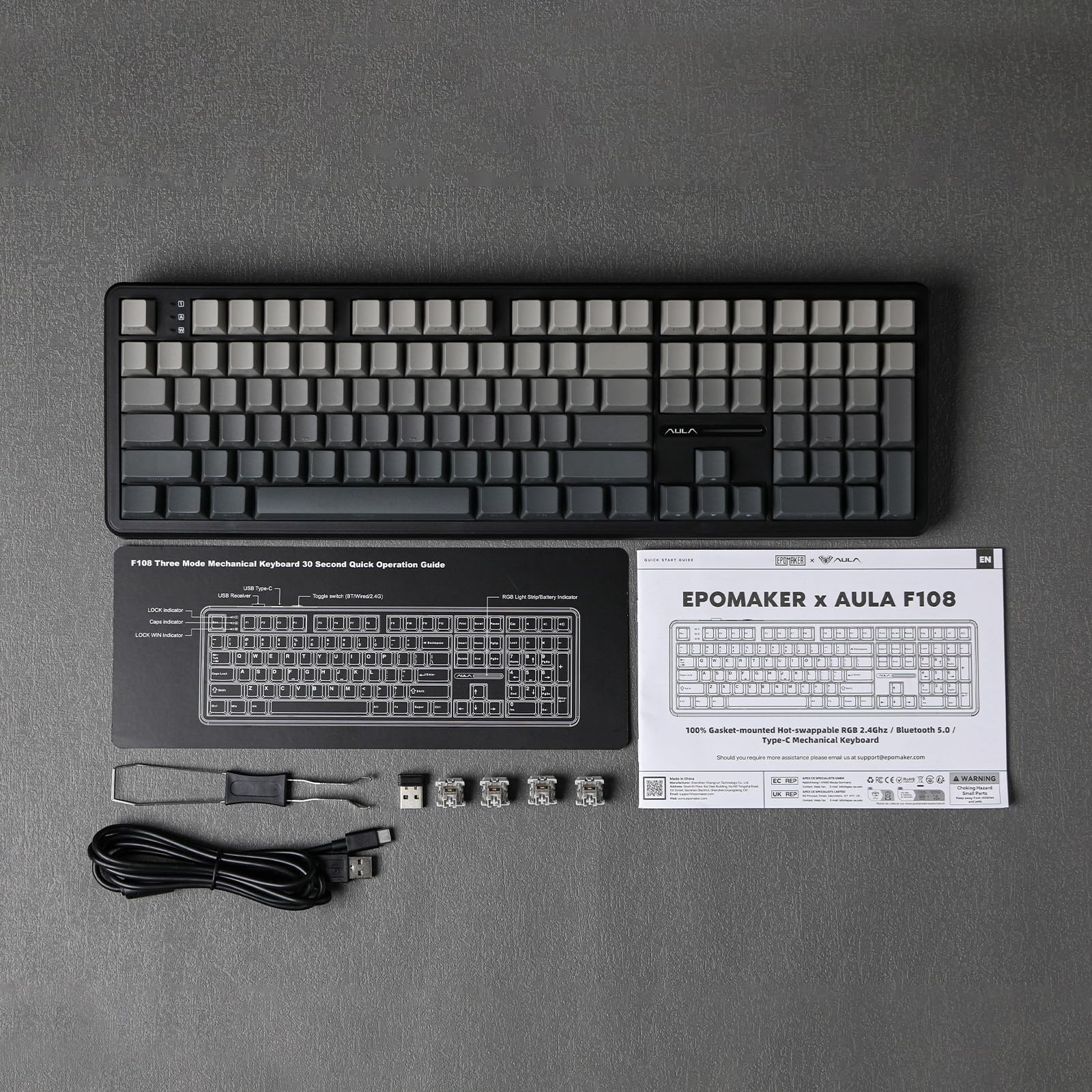 EPOMAKER AULA F108 Wireless Gaming Keyboard Full Size Mechanical Keyboard with 8000mAh Battery, 108 Hot Swappable Programmable Keys RGB Backlight for Mac/PC/Android Certified (Black Gradient, Graywood