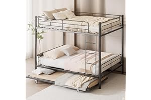 FEETICE Mixcous Full Over Full Bunk Bed with Trundle, Heavy Duty Metal Bed Frame with Full-Length Guardrails & Ladder, 3-in-1 Convertible Full Bunk Bed, Noise-Free, No Box Spring Needed, Black