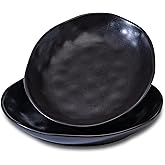 Ceramic Bowls Set of 2, Handcrafted Ceramic Plates Set | 10" Oval Serving Dishes Bowls | Large Serving Bowl Wide Shallow Bowl for Pasta, Salad, Cereal, Soup & Microwave & Dishwasher Safe, Matte Black