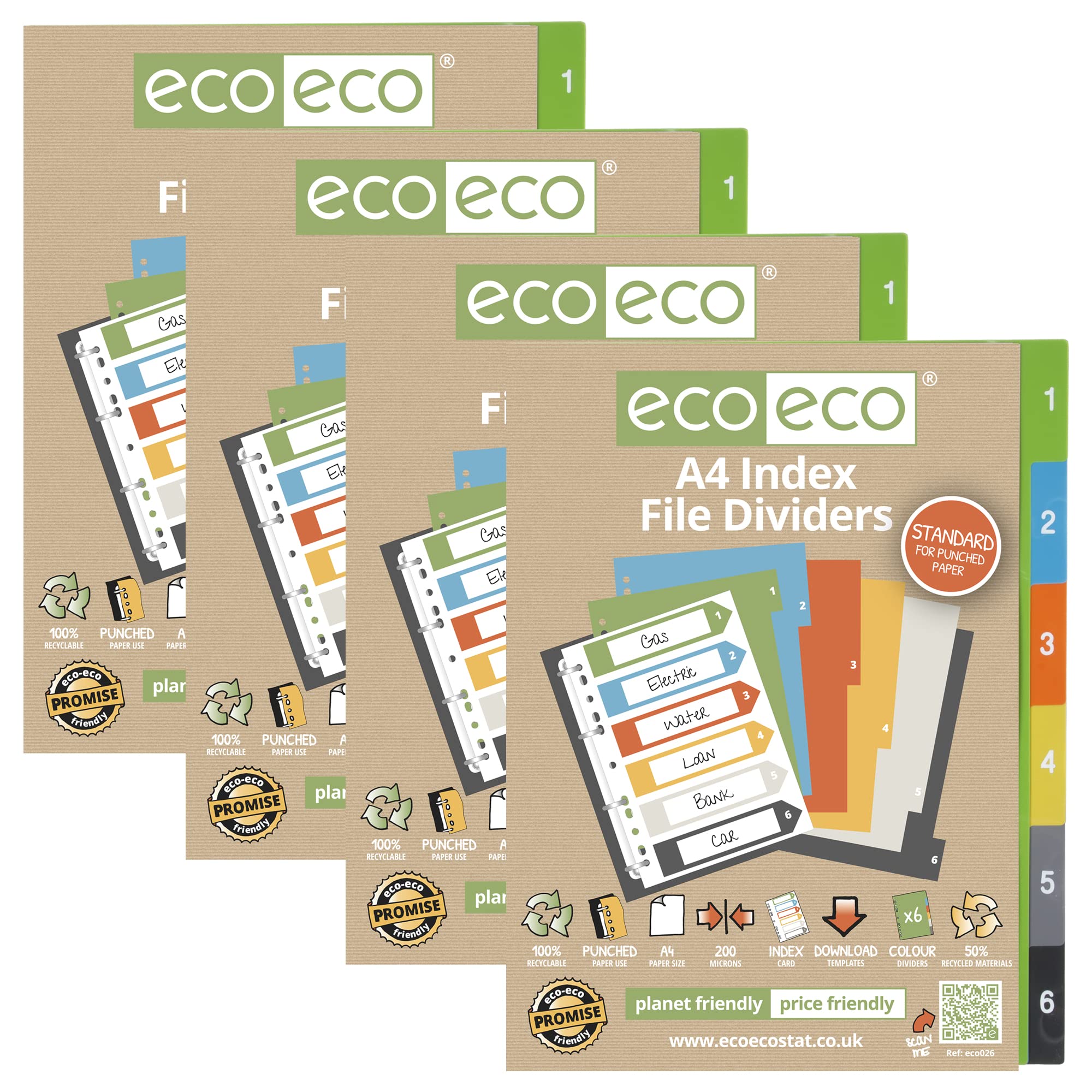 eco-eco A4 50% Recycled Multipunched Reinforced Colour Recycled Set 6 Index File Dividers 200mic (Pack of 4), eco026x4, Standard
