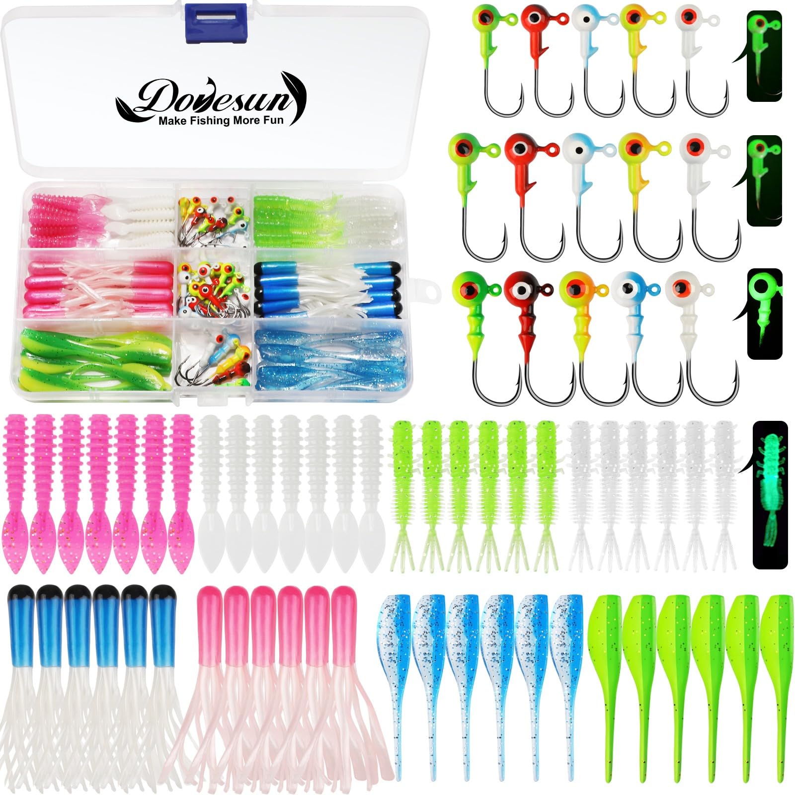 Dovesun 110pcs Crappie Lures with Jig Heads Hooks Kit- Soft Plastic Grubs-Tubes Bait 80Pcs 0.8g 1.75g 3.5g 30Pcs Crappie Jigs Fishing Lures Kit for Saltwater Freshwater Fishing