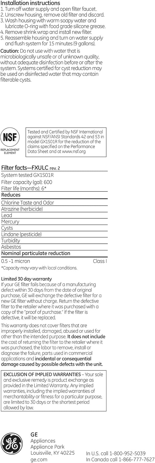 GE FXULC Drinking Water System Replacement Filter: Home Improvement