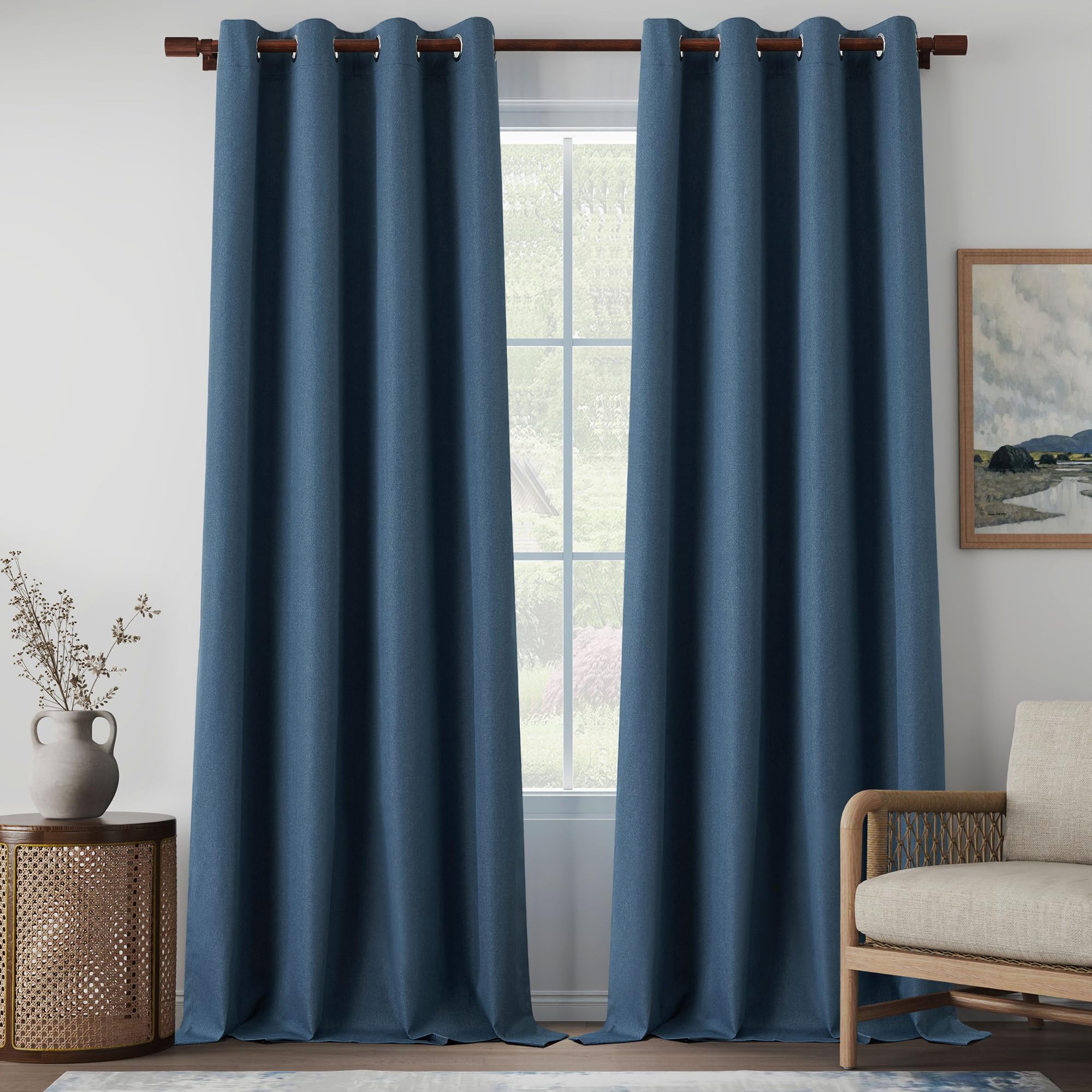 Photo 1 of 126 Inches Long 100% Blackout Extra Long Linen Look Curtains, Ceiling to Floor Noise Reducing Curtain Panels for Light Sleepers 10.5 Ft Length, Denim Blue, W52 x L126, 2 Panels