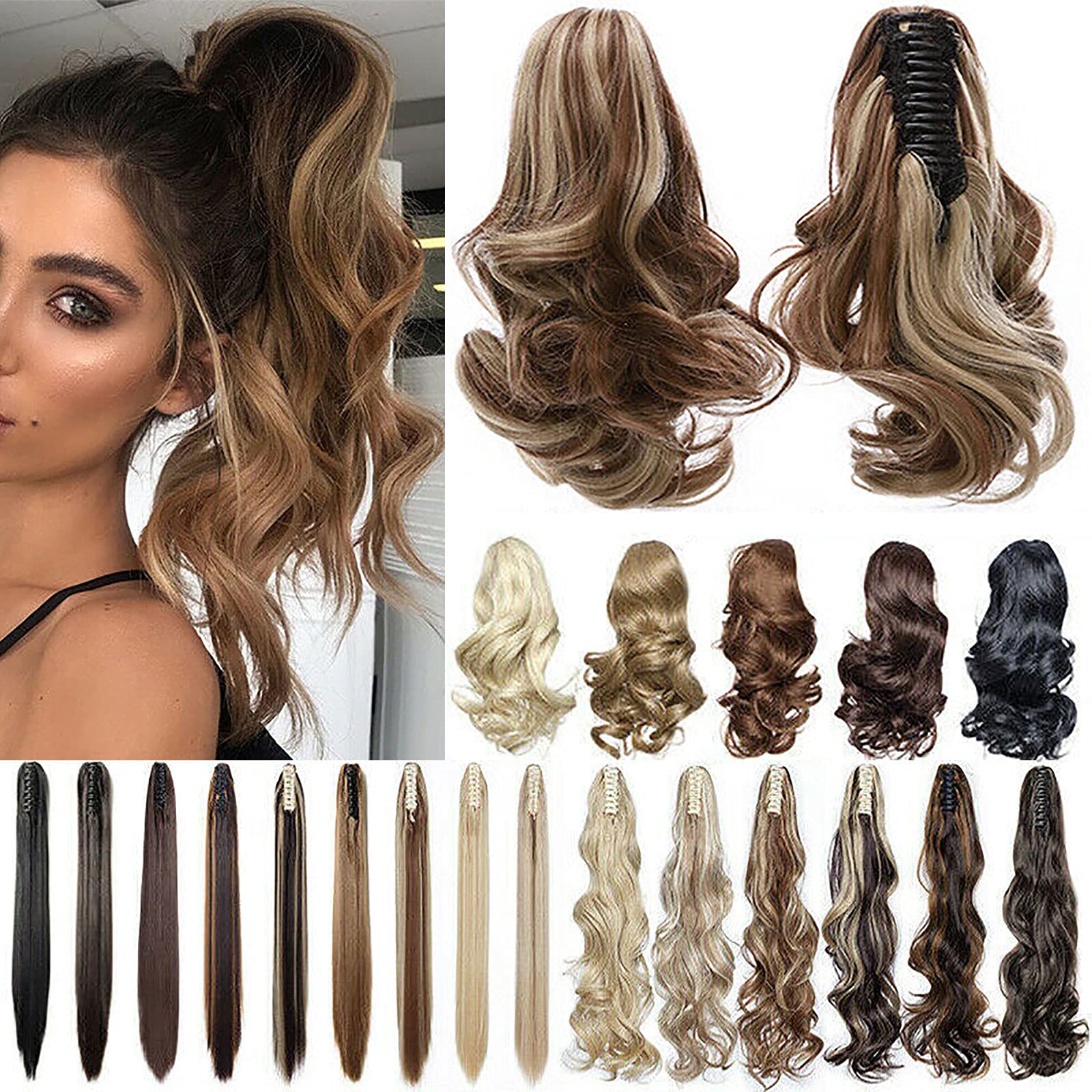 Fashion Ponytail Hair Extension Claw Curly Wavy Straight Clip in ponytail Hairpiece One Piece fake hair Ponytails for Women 12” Curly Light Brown & Ash Blonde