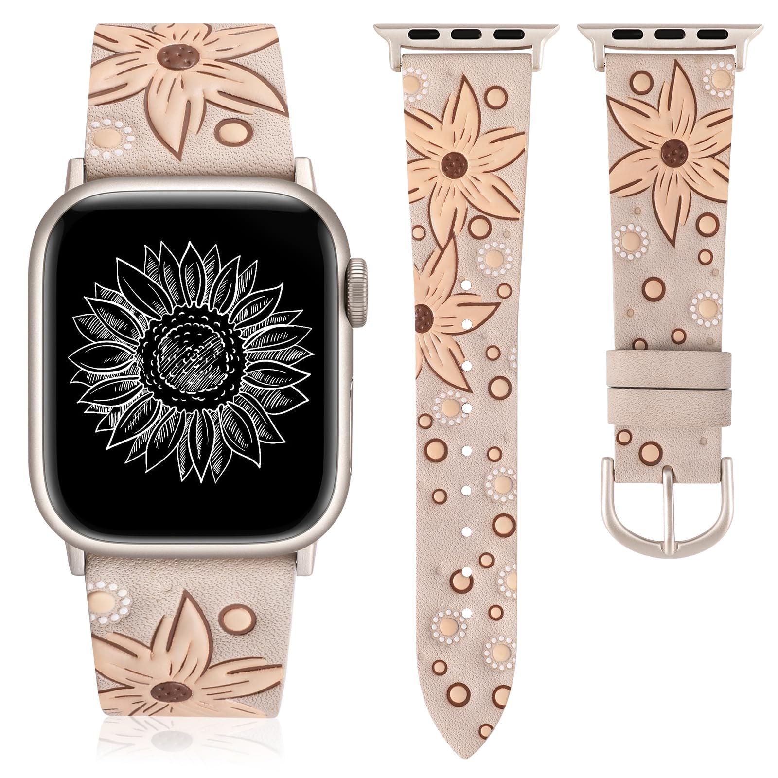 Minyee Leather Band Compatible with Apple Watch Band 38/40/41/42mm Women, Dressy Designer Embossed Leather Wristband Sunflower Chic Adjustable Strap for iWatch Series 11 10 9 8 7 6 5 4 SE/Ultra 3 2 1