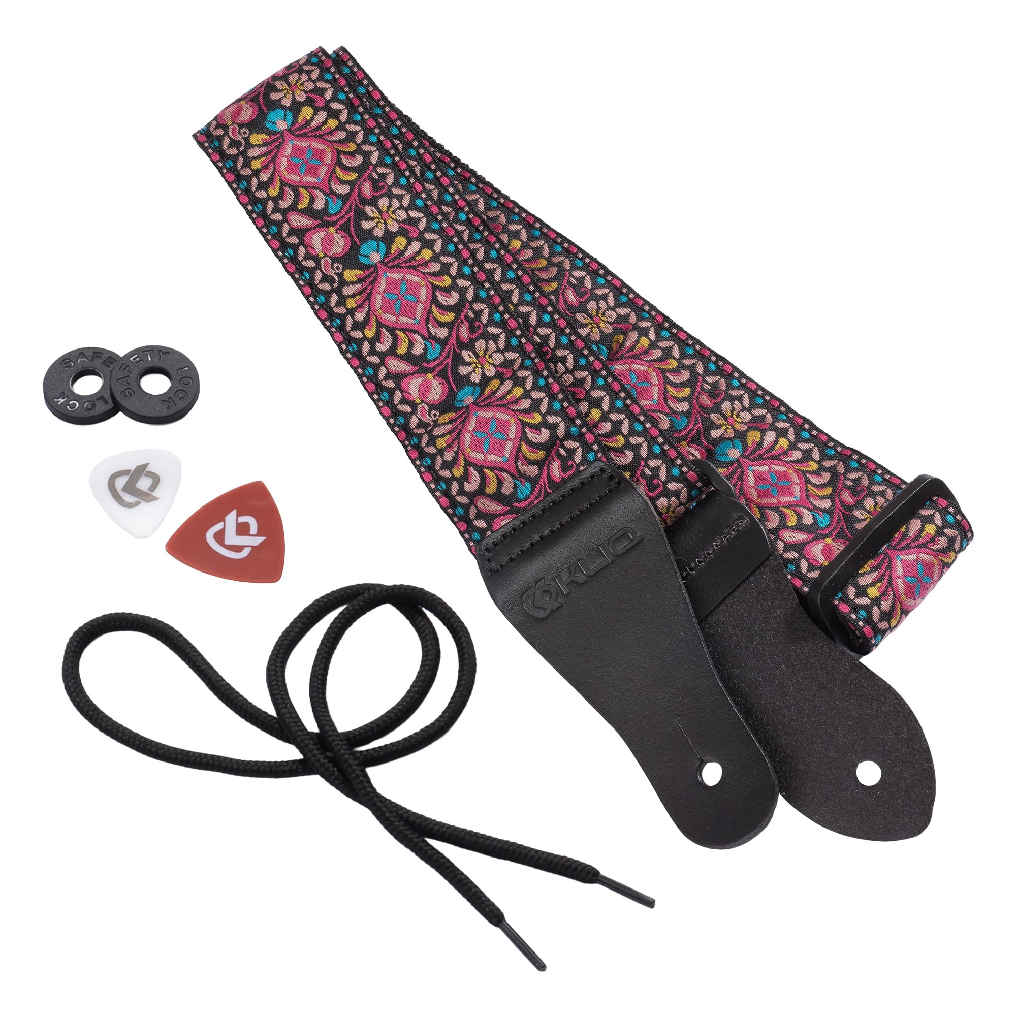 KLIQ Vintage Woven Guitar Strap for Acoustic and Electric Guitars | '60s Jacquard Weave Hootenanny Style | 2 Rubber Strap Locks Included, Palooza Pink
