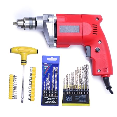 ADAWAT Electric Drill Machine Combo (10 mm) Red 13pc hss Drill Set 5 pc masonary Drill Set and t bar Angle Drill (10 mm Chuck Size)