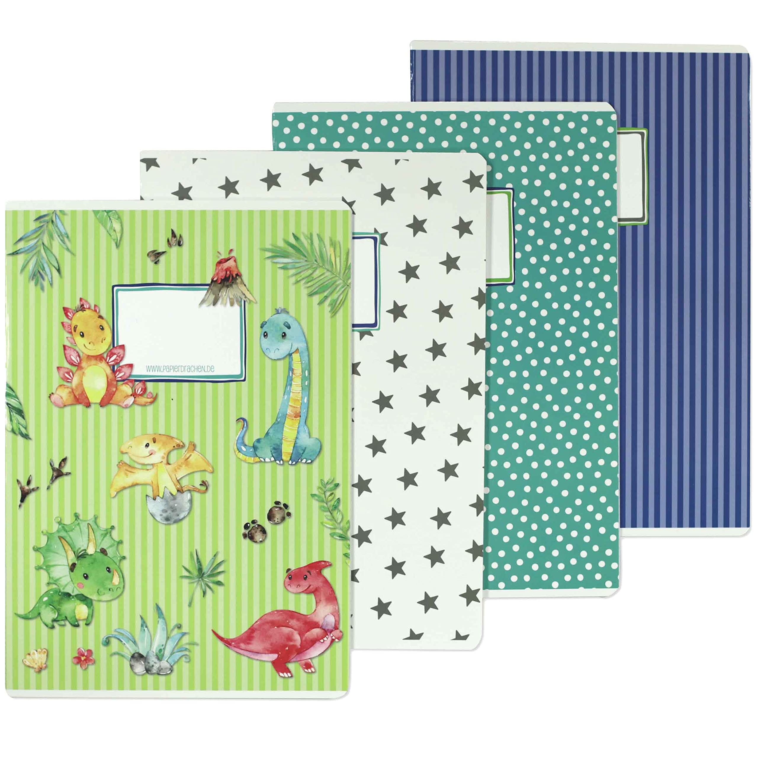 Papierdrachen 4 exercise books for children DIN A4 | lined and squared 32 pages - design dino - for the start of school for primary school pupils - set number 4-16 sheets