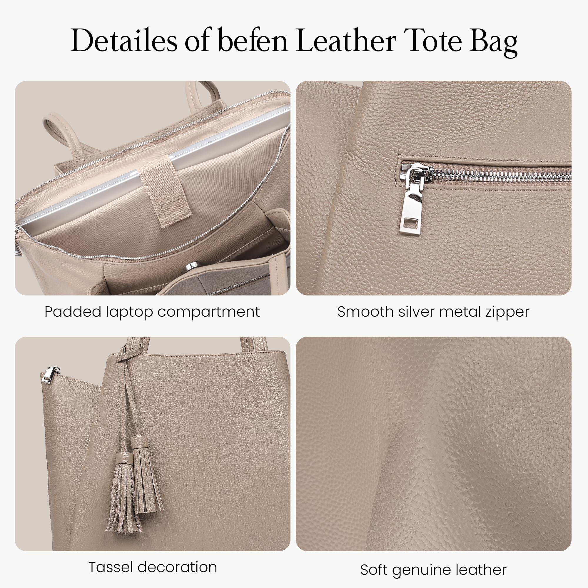 befen Tragetasche aus echtem Leder für Damen, Arbeit, Laptop-Tragetasche, Schultertasche, Tragetaschen mit Fächern, Handtaschen, Taupe, Medium