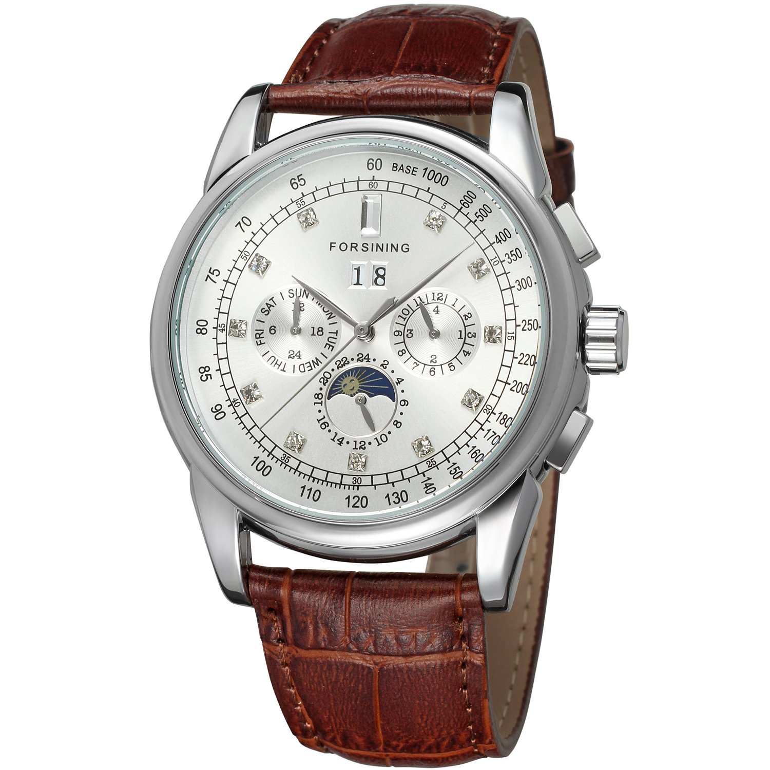 Forsining Men's Self-Winding Analog Movement Moon Phase Unique Design Watch with Leather Strap