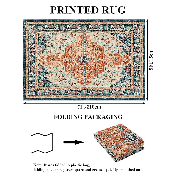 U’ARTLINES BOHO VINTAGE AREA RUG 5X7 MACHINE WASHABLE LOW PILE SOFT FLOOR CARPET NON SLIP NON SHEDDING ACCENT RUG FOR LIVING ROOM BEDROOM ENTRYWAY DINING ROOM OFFICE ORANGE/MULTI
