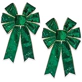 Threetols 2pcs Christmas Wreath Bows, Vintage Green Velvet Bows for Wreath Xmas Decor Bows for Front Door, Green Glitter Tree Bows for Winter Xmas Party Home Indoor Outdoor Decor