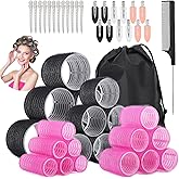 50Piece Hair Rollers Set, Self-Grip Rollers Hair Curlers for Long Medium Short Hair, 4 Sizes of Hair Rolls(6 Jumbo + 6 Large + 6 Medium + 6 Small + 1 Storage Bag), and 24Pcs Clips/1Pcs Comb