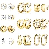 FIBO STEEL 10 Pairs Clip On Earrings for Women Non Pierced Ears CZ Pearl Knot Twist Chunky Hoop and Studs Earring Set Ear Clips Jewelry 14K Gold Plated