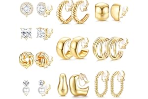FIBO STEEL 10 Pairs Clip On Earrings for Women Non Pierced Ears CZ Pearl Knot Twist Chunky Hoop and Studs Earring Set Ear Clips Jewelry 14K Gold Plated