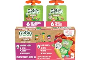 GoGo squeeZ Organic Fruit & veggieZ Applesauce and Puree Variety Pack, Pedal Peach and Boulder Berry, 3.2 oz (Pack of 12), Unsweetened Snacks for Kids, BPA Free Pouches