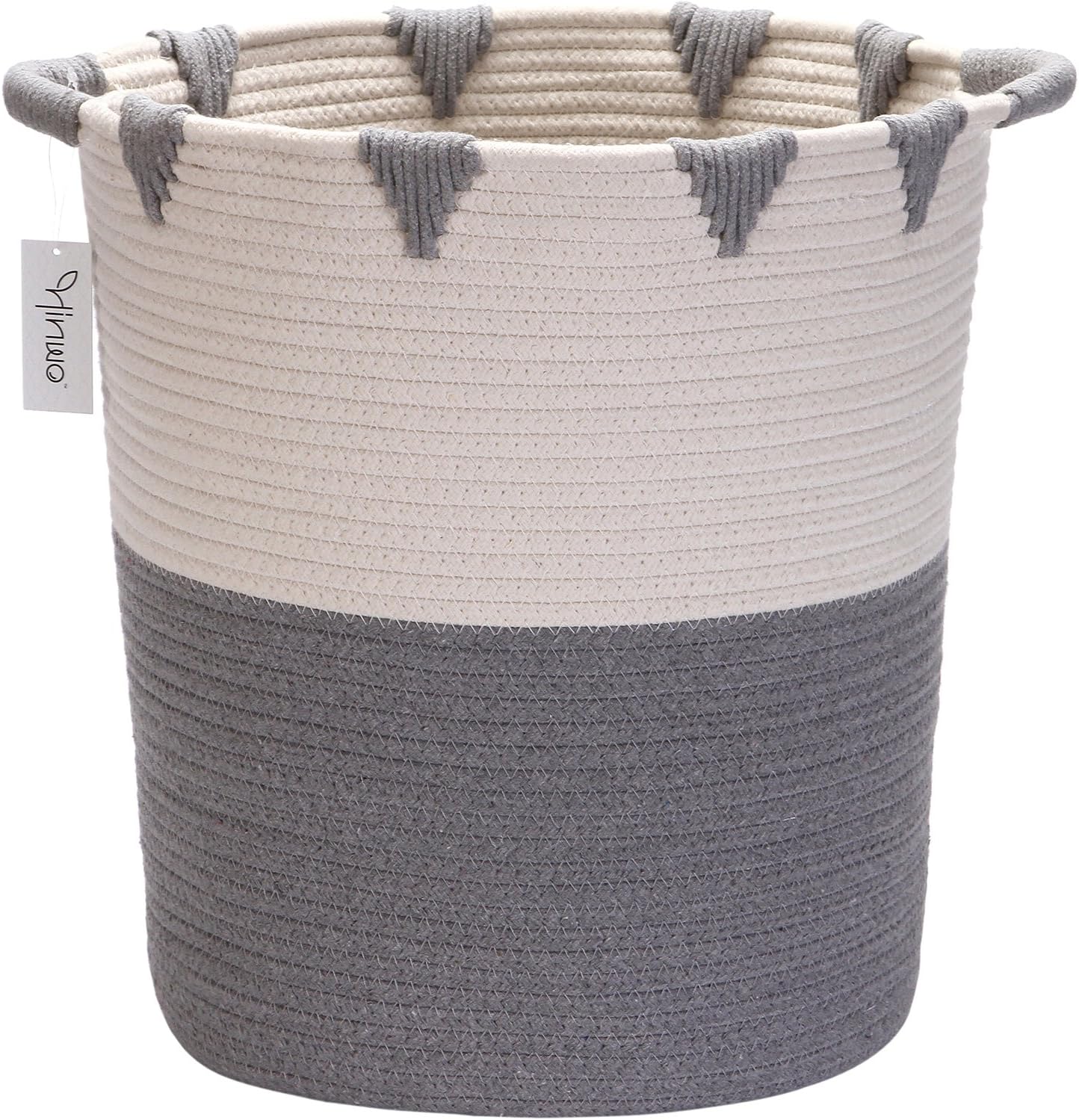 Hinwo Cotton Rope Storage Basket Collapsible Laundry Hamper Nursery Storage Bin Container Organizer with Handles, 15.7 x 12.6 inches, Off White and Grey (HWLH0001A)