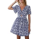 CUPSHE Women's Summer Dresses Casual V Neck Short Sleeve Cutout Smocked Short Flowy Beach Mini Dress