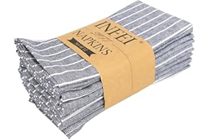 INFEI White Striped Linen Cotton Dinner Cloth Napkins - Set of 12 (40 x 30 cm) - for Events & Home Use (Navy)