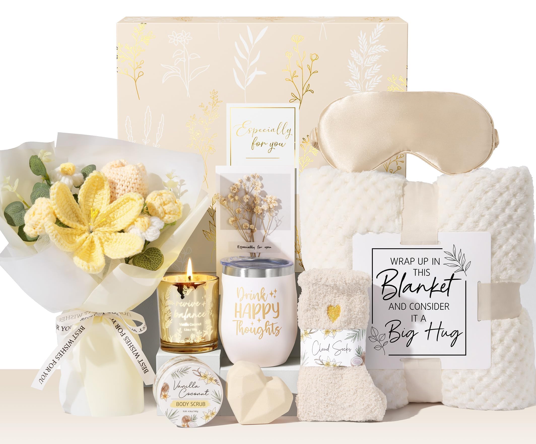 Mothers Day Birthday Gifts for Women Self Care Package Get Well Soon Gift Baskets, Thinking of You Sympathy Spa Gift Set w/ Crochet Flower Bouquet, Unique Gifts for Women Mom Sister Grandma Friends