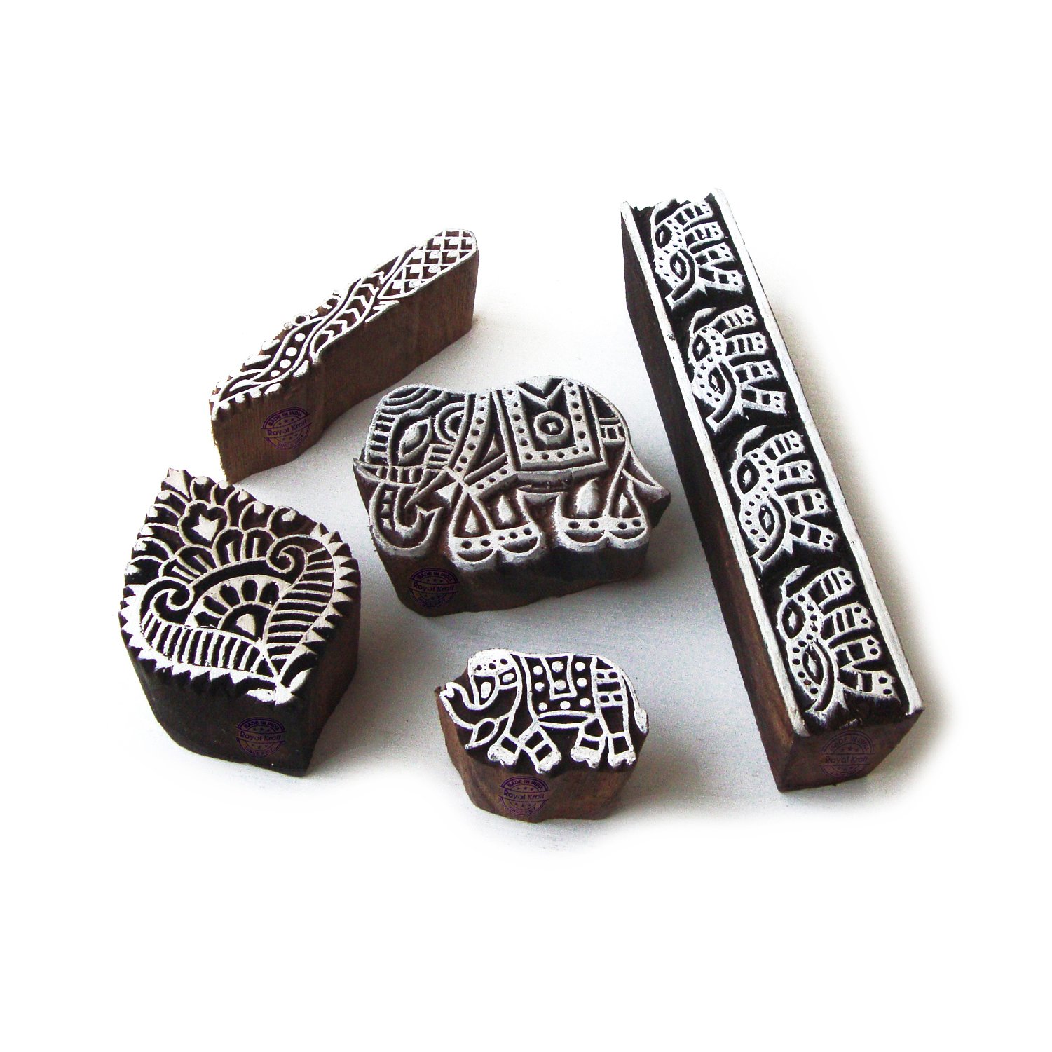 Asian Elephant and Border Pattern Wood Block Print Stamps (Set of 5)