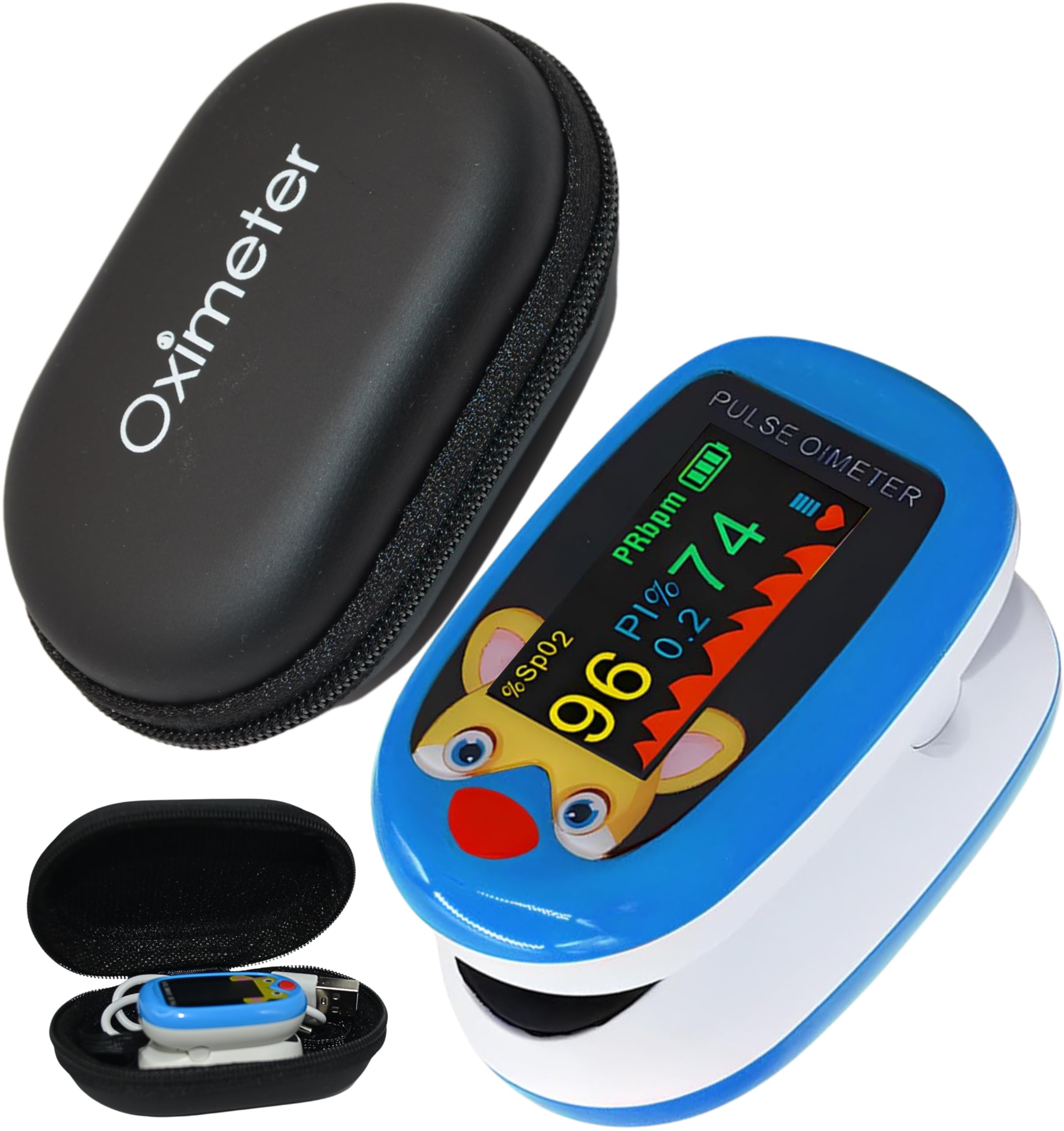 Pediatric Pulse Oximeter & Storage Zipper Case Heart Rate O2 Stats Monitor Kids Finger Blood Oxygen Saturation Monitoring Children SpO2 Levels Detection TFT Lanyard & USB (Blue Kids Oximeter)