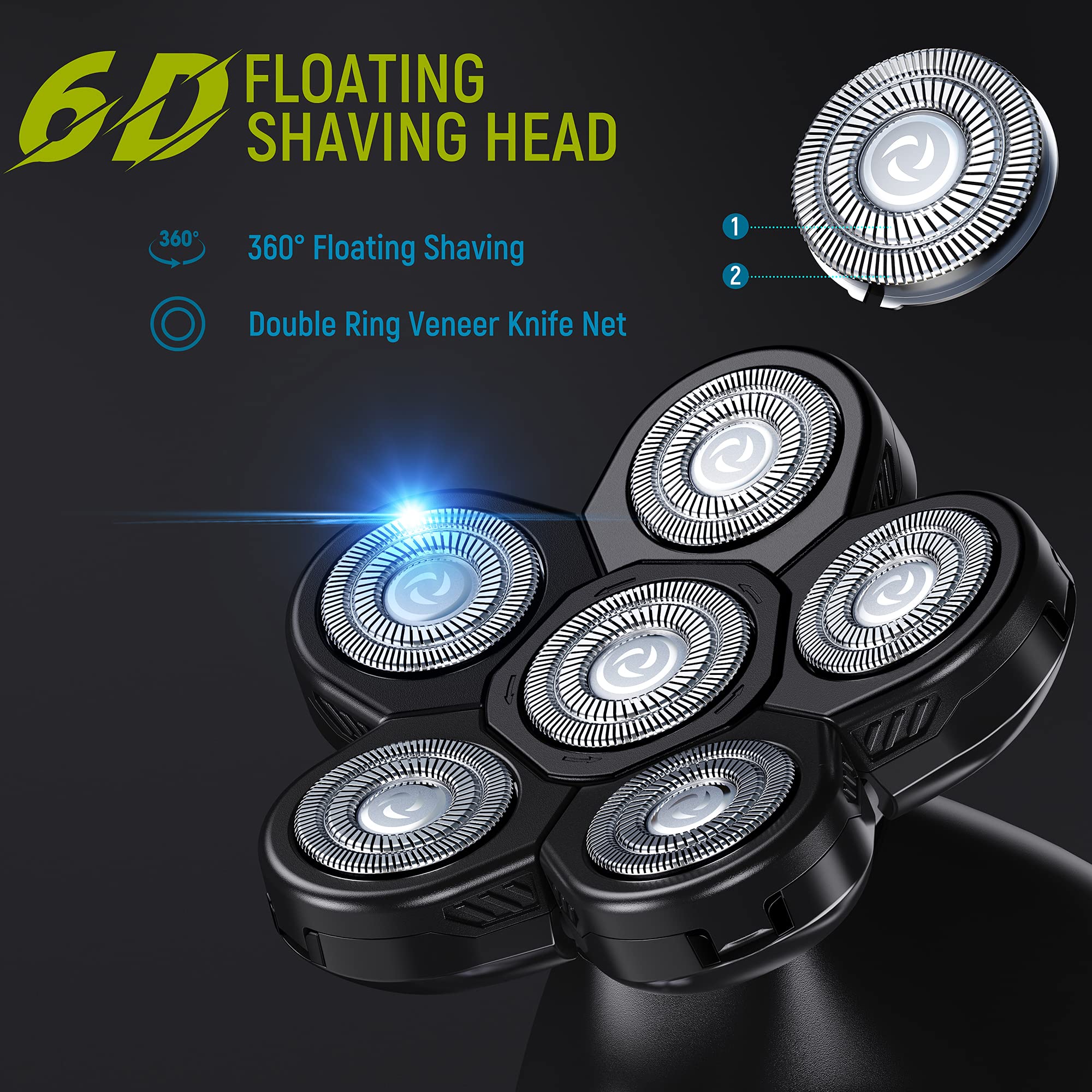 Telfun 6D Head Shavers for Bald Men With Travel Case, Anti-Pinch Electric Razor, 5-in-1 Grooming Kit With Nose & Ear Trimmer, Beard Trimmer, Waterproof Wet/Dry, LED Display