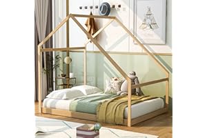 HARPER & BRIGHT DESIGNS Harper&Bright Designs House Bed Full Size for Kids ,Wooden House Floor Bed, Simplistic Kids House Full Bed Frame for Toddlers, Girls, Boys ,Box Spring Needed,Natural