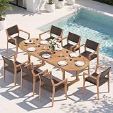 PHI VILLA Outdoor Dining Set for 8, Expandable Acacia Wood Table &amp; Chairs | 9pc teak patio furniture set. Large farmhouse set for deck, porch, backyard
