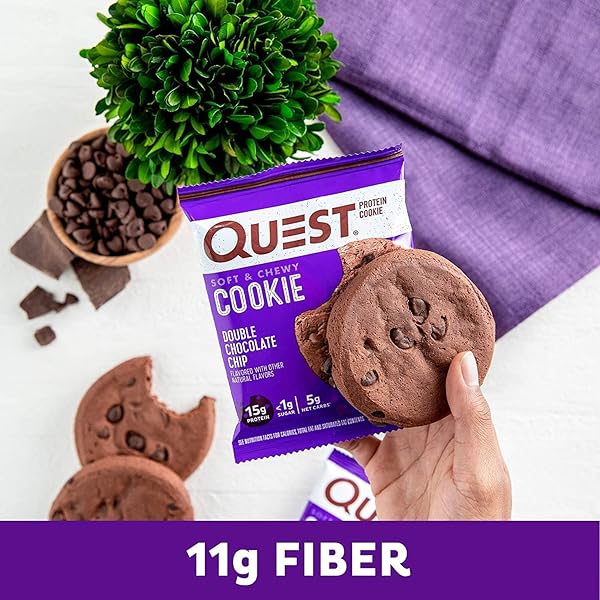 QUEST NUTRITION PROTEIN COOKIE, DOUBLE CHOCOLATE CHIP, 15G PROTEIN, 5G NET CARBS, 240 CALS, 2.08OZ COOKIE, SINGLE SAMPLE, HIGH PROTEIN, LOW CARB, GLUTEN FREE, SOY FREE