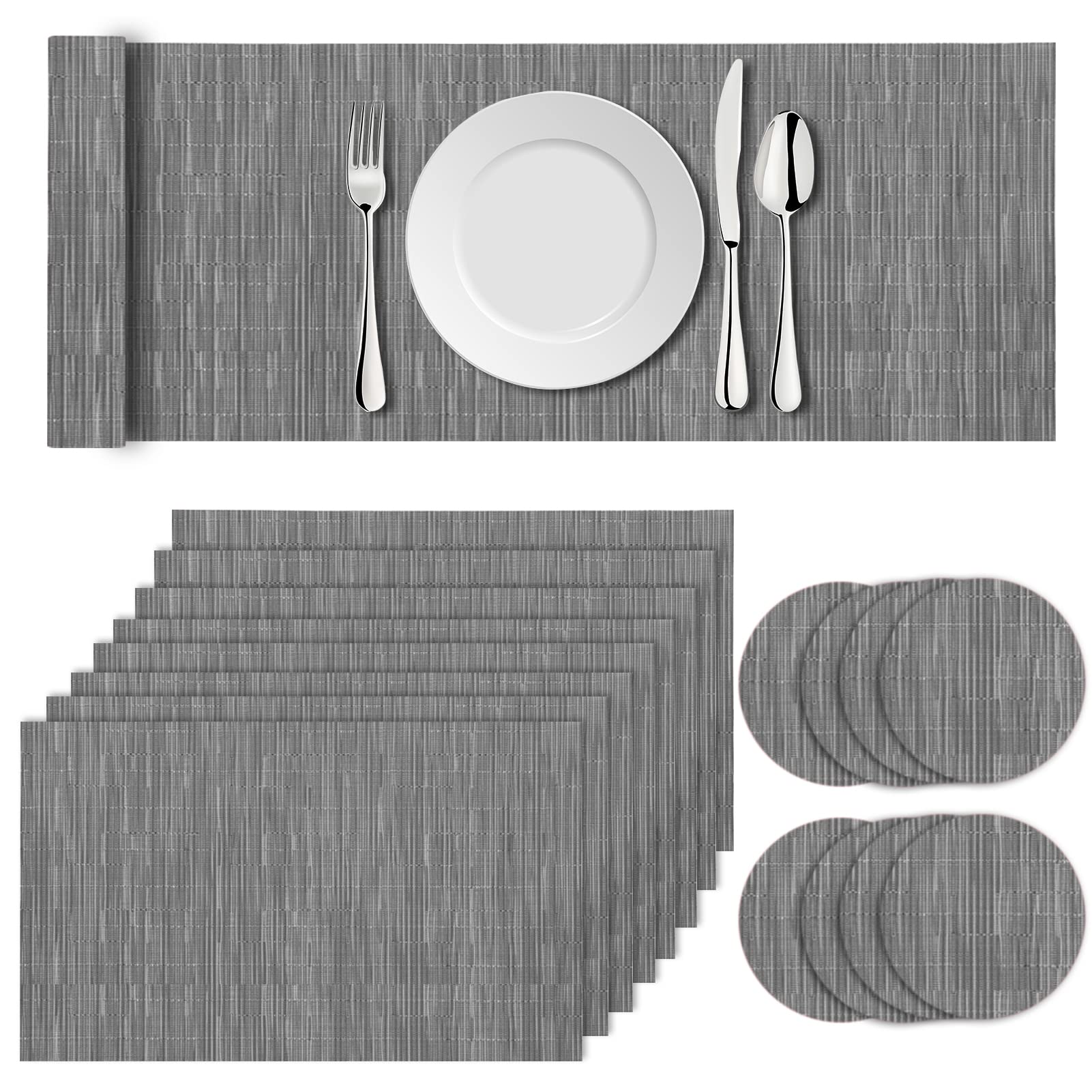 17Pcs Light Grey Placemats Table Mats Set, 8 Placemats, 8 Coasters,1 Long Table Mat Washable Heat Anti Slip Resistant Table Place Mats and Coaster Sets for Home,Restaurant,Outdoor Dining