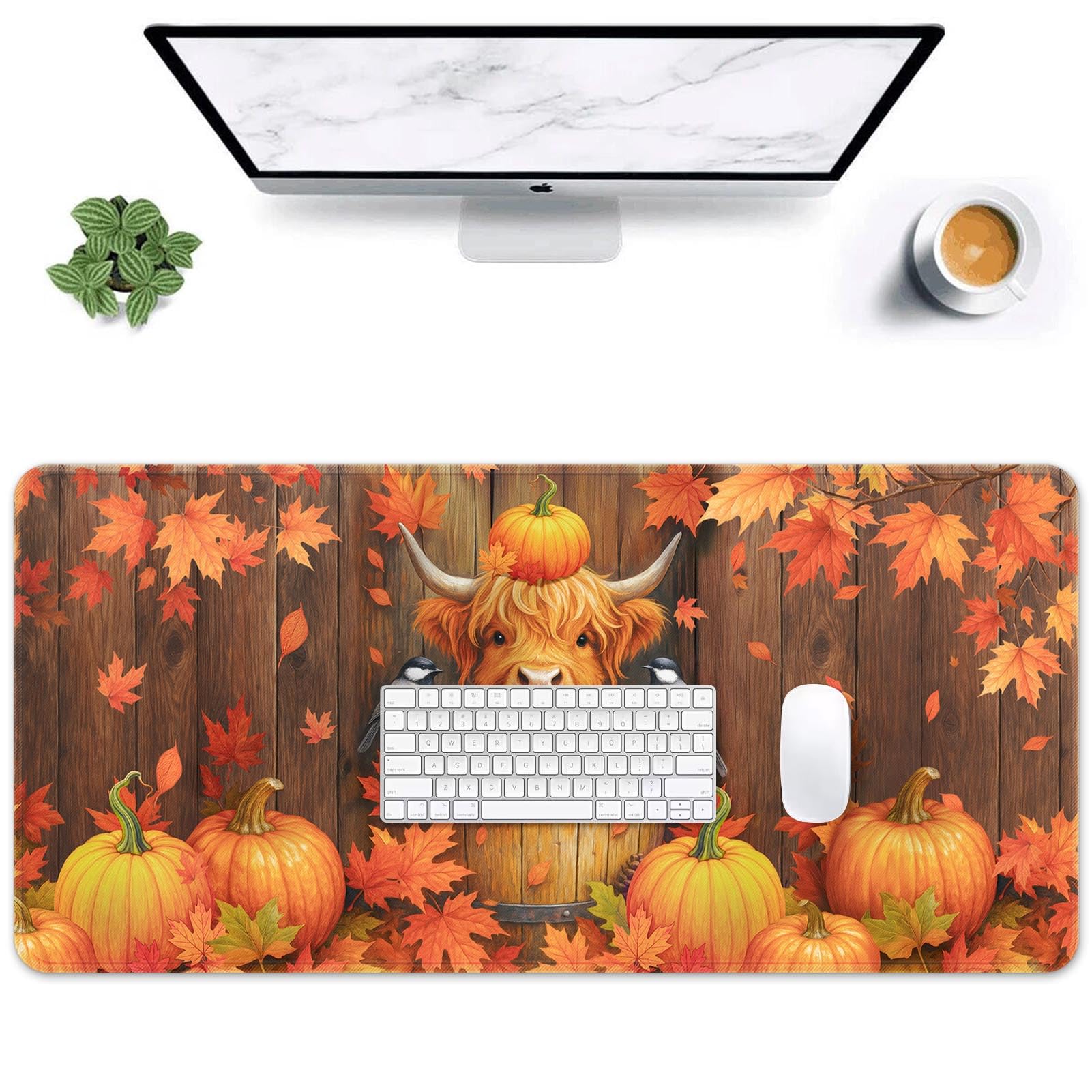 Photo 1 of Britimes Autumn Highland Cow Pumpkin Large Mouse Pad Non-Slip Desk Pad Keyboard and Mouse Desk Mat Fall Leaves Wood Grain Gaming Mousepad for Game,Office & Home,31.5 x 15.7 in